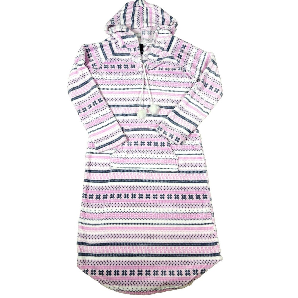 Nouveau Pajama Drama Nightgown Womens L Pink Fair Isle Hooded Velour Fleece Cozy